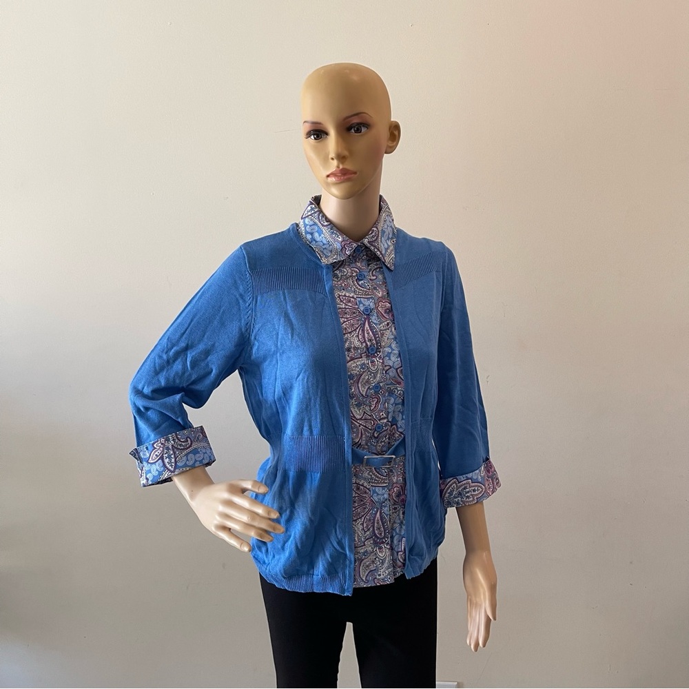 Blue Paisley Print Collared Button-front Belted Blouse